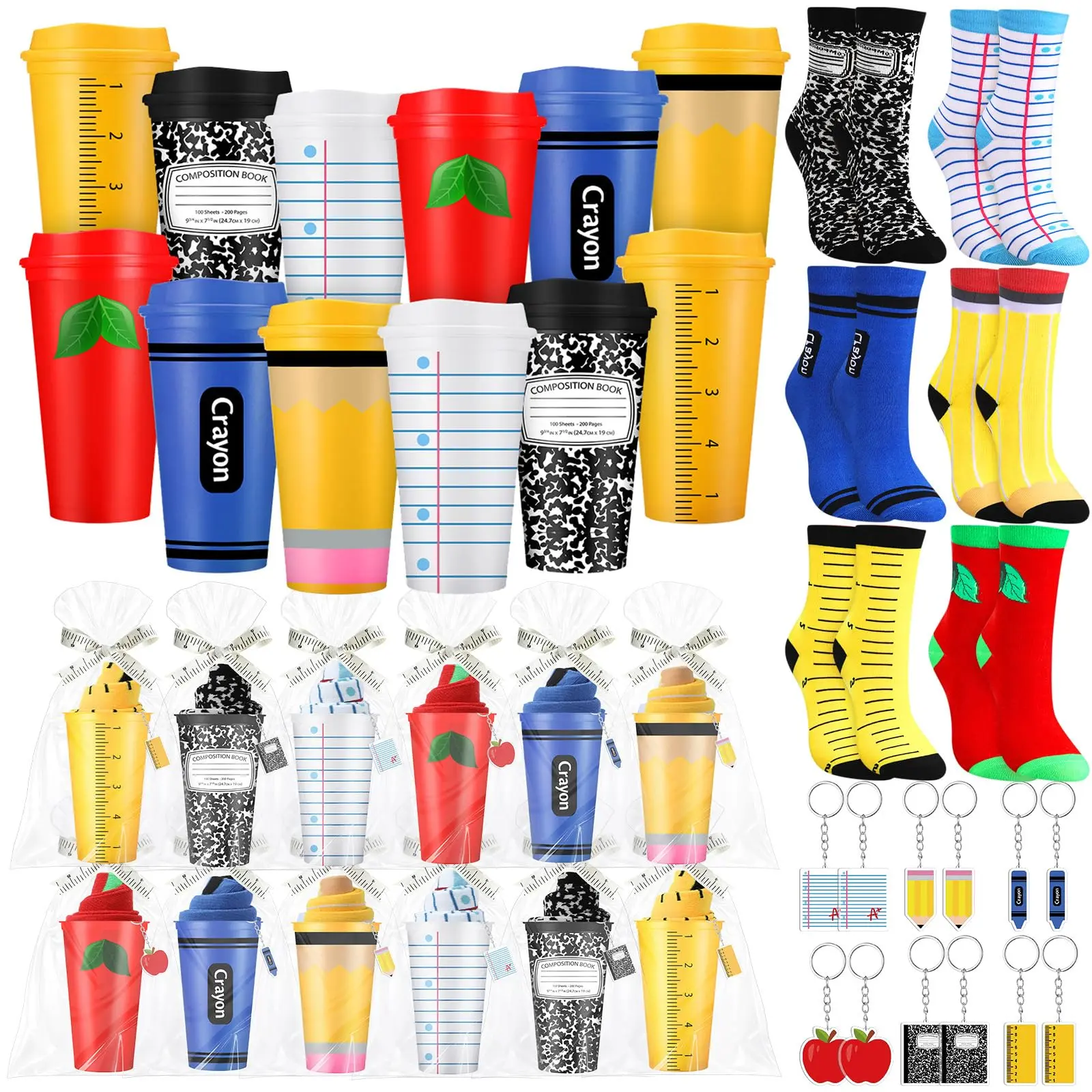 6/12 Set Back to School Teacher Appreciation Gift Bulk Including Teacher Tumbler Sock Keychain and Clear Bag Teacher Gift for Mentor Lecturer Educator Coworker School Staff Recognition Gift for First Day of School Classroom Office