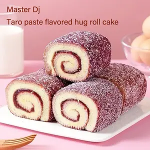 Taro Paste Flavored Mini Hug Roll Cakes, Ambient Fluffy Sponge Snacks with Velvety Real Taro Cream Filling, 9 Pieces Individually Wrapped Vegetarian Low-Sodium Portable Asian Pastry with Cloud-Like Texture