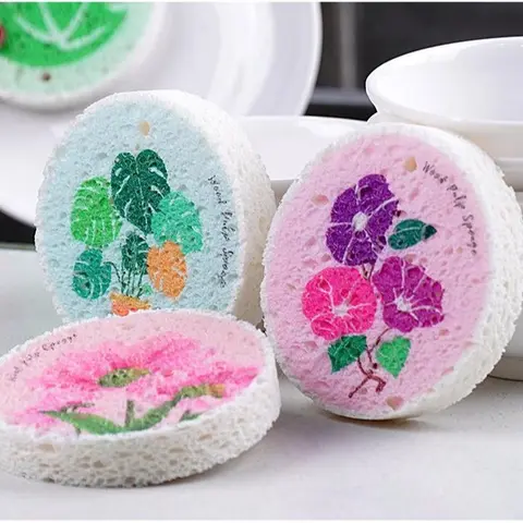 Eco-Friendly Degradable Wood-Based Cellulose Scrubbing Pads - Thickened Soft, Scratch-Free Sponges Scrubbers, High-Absorbency Expandable Foam Floral, Kitchen/Bath Home Care Cleaning Tools, 1 Sponge with Infinite Uses