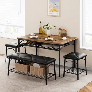 【GARVEE】Kitchen Table Set for 4 with Bench & Stools, Upholstered PU Cushion, Metal & Wood, Storage Shelves, Small Space Solution, Rustic Brown