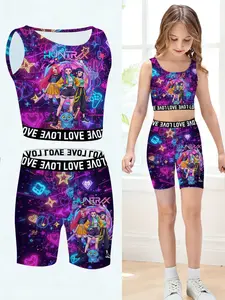 Girls Kpop Series Vest Shorts Set, Cyber Neon Cartoon Print Design, Summer Yoga Shorts Two-Piece, Casual Street Style, Outdoor Gift