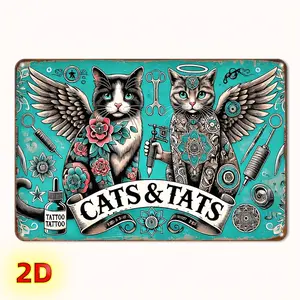 2D Flat, 2D flat Metal and iron wall art signs, cat tattoo shop - tattoo themed creative decoration, 12x8 inches - wall decoration, suitable for living rooms, tattoo shops, bedrooms, offices, cafes, bathrooms, perfect indoor and o