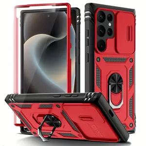 Shockproof, Protective, Cellphone Case for Galaxy S26 Ultra S25 S24FE S23FE S22 S21FE S20FE Ultra Plus A56 A55 A54 A36 A35 A34 360° Rotating Metal Stand with Sliding Window Lens Cover Car Magnetic Bracket Function Camera Lens Protector