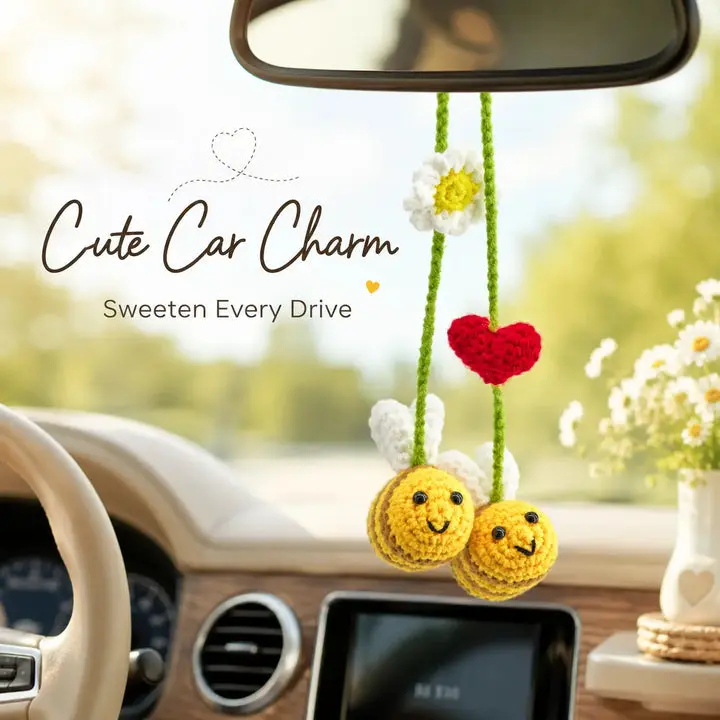 Cotton Crochet Cute Bee & Daisy Flower Car Hanging Ornament, Home Decor Mirror Accessory Hangable Decoration