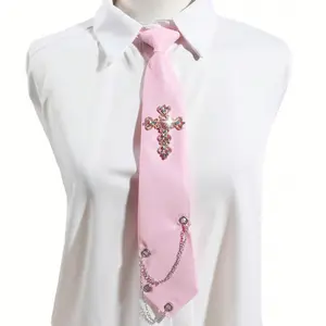 1pc Party Style JK Necktie with Sparkling Cross & Star Embellishments, Pink & Black Glitter Accents, Decorative Chains for Outdoor Events, Casual Outings, Themed Parties