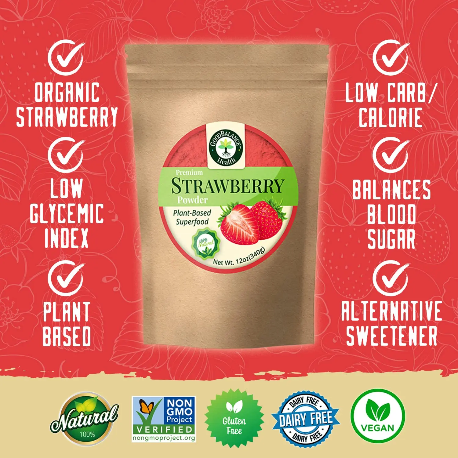 Good Balance Organic Strawberry Powder for Beverages and Baked Goods, Non-GMO and Kosher and Organic