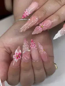 (MTO) Handcrafted Wearable Nail Art Pink Nude Nails with 3D Floral & Butterfly Details, Pearl Accents Fashion Hand Accessories