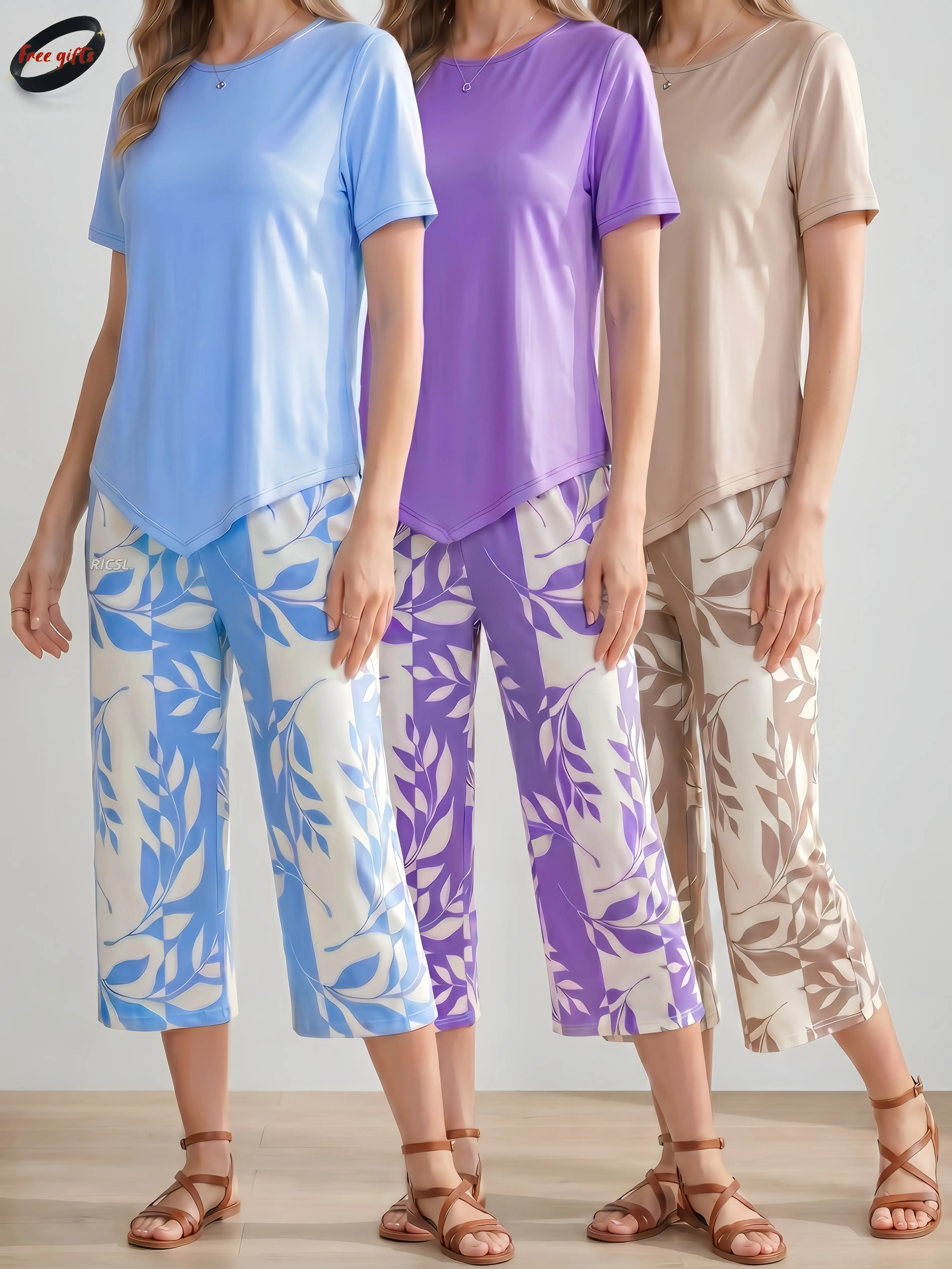 Women’s summer casual two-piece set featuring a unique design: solid-color short-sleeve top paired with leaf-print seven-eighths wide-leg pants with pockets. High stretch fabric | cool, silky feel | available in three colors. Women’s loungewear, women’s p
