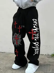 Men's Casual Sporty Long Pants, Cross Pattern Print, Drawstring Wide Leg, Loose-Fitting, All Seasons, Fashionable Men's Clothing, Athleisure Style, Cross Print Sweatpants