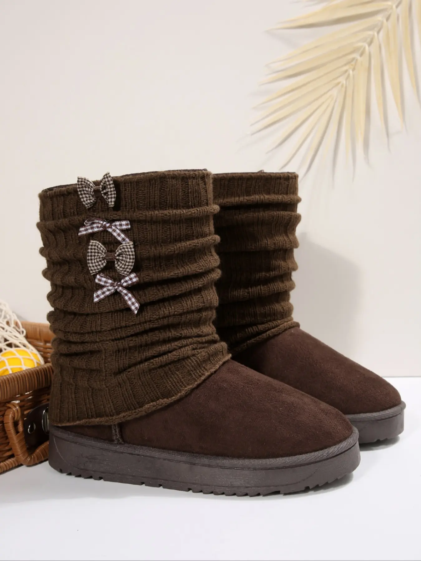 Women's Faux Fur Knitted Bow Socks, Warm Comfortable Winter Snow Boots, Boot Bows, Thick Sole Short Tube Booties, Above Ankle Below Knee, Footwear Boot