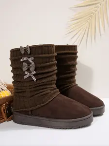 Women's Faux Fur Knitted Bow Socks, Warm Comfortable Winter Snow Boots, Boot Bows, Thick Sole Short Tube Booties, Above Ankle Below Knee, Footwear Boot