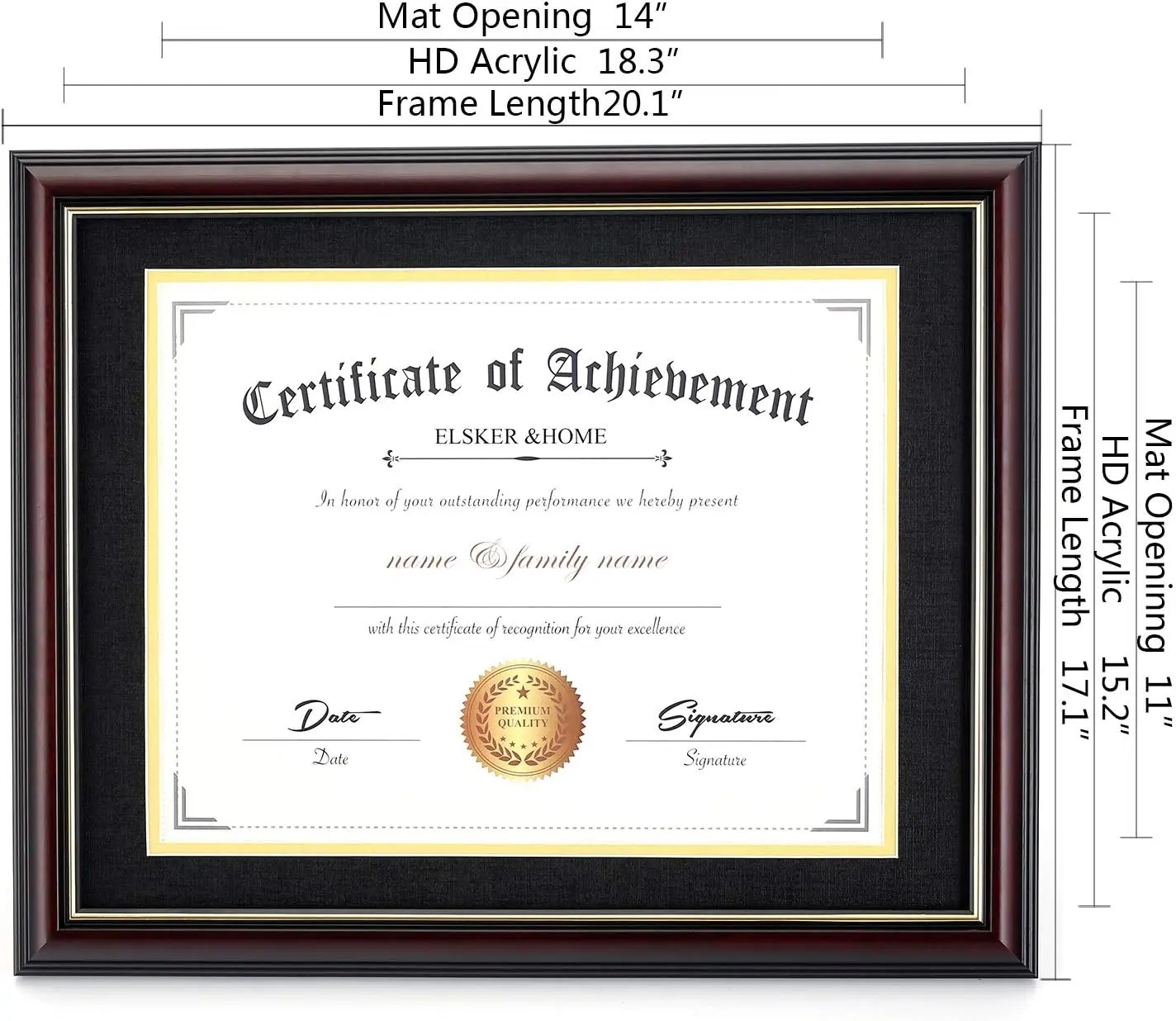 Diploma Frames 11x14 with Mat- Solid Cherry Wood - Display 11x14 Document/Certificate with Mat or 15x18 without Mat - Wall Mount Display (Double Mat, Black Mat with Golden Rim)