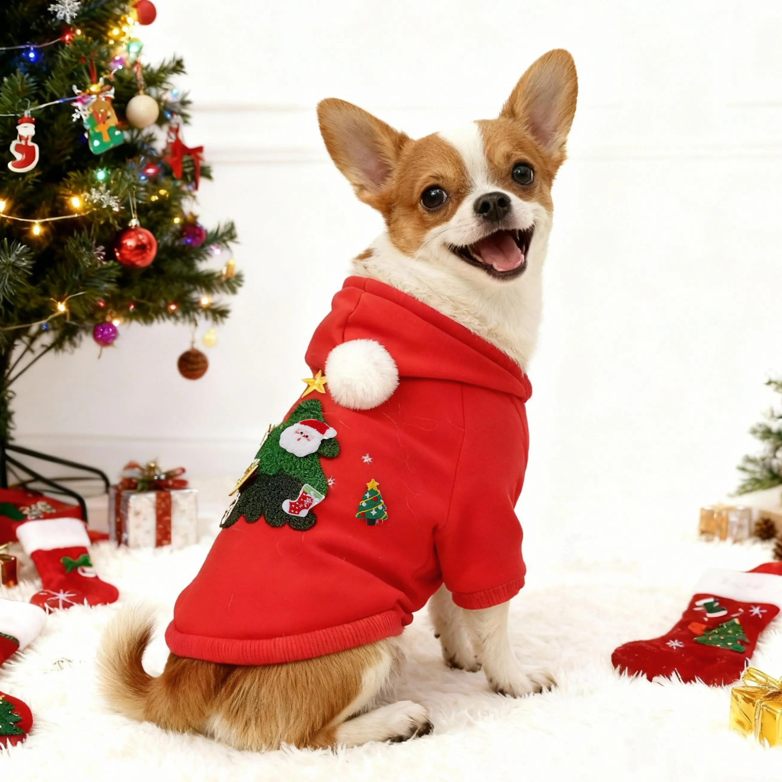 Polyester Warm Winter Pet Hoodie for Small-Medium Dogs & Cats - Embroidery Graphic, DIY Patches Let You Style the Hoodie, Hook-Loop Fastener, Festive Outdoor Holiday Apparel with Enhanced Warmth, Stylish, Hooks & Loops