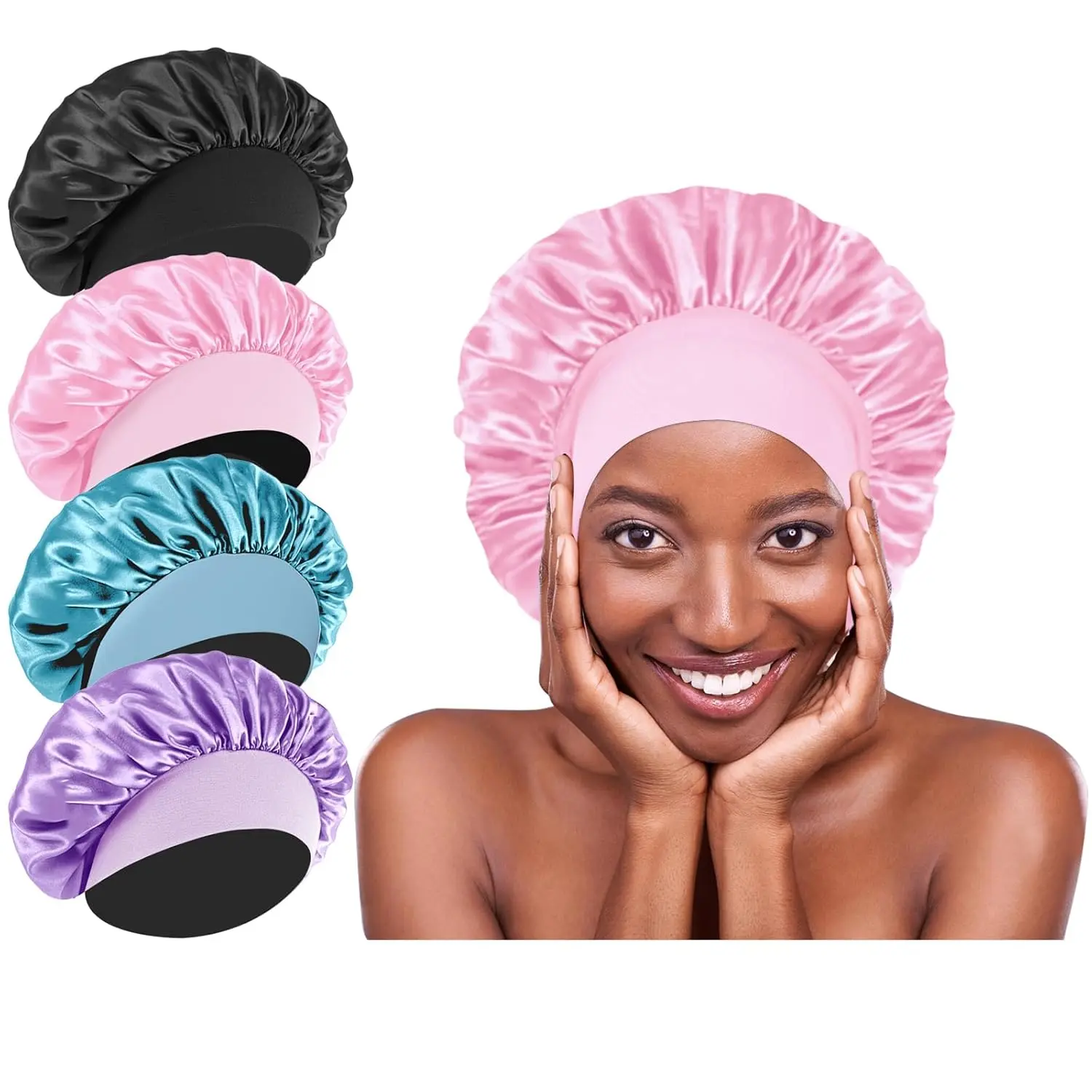 Women's 4-Piece Adjustable Satin Bonnet Set - Elastic Broadband Hair Care Cap, Breathable Heatless Wrap, Easy-Clean Satin Fabric, Ponytail-Friendly for Curly/Straight Hair Daily Sleeping, Bed Protection (Black, Blue, Purple)