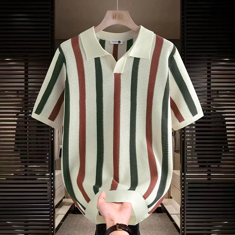 Men’s summer ice silk polo shirt, striped color-block collared short-sleeve T-shirt, men’s trendy casual knit polo shirt top #SummerWins #fathersdaygift Stylish