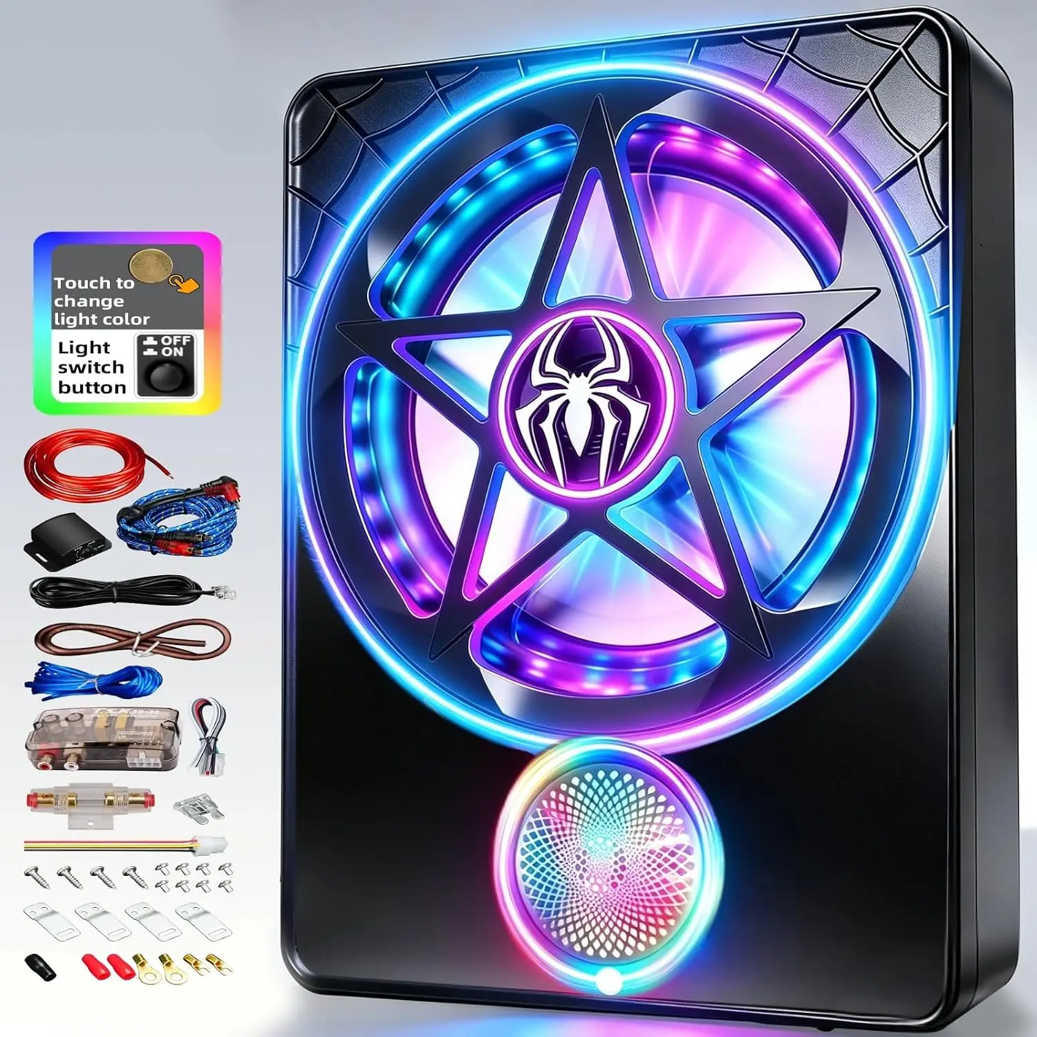 10" Slim Powered Under Seat Car Subwoofer with 3000W Amplifier, 3-Way Full Range Sound, RGB Beat Sync LED, Bass Boost, Low Pass Filter, Plug & Play for Cars, Trucks, SUVs