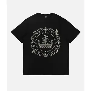Viking Longship Norse Mythology Graphic T-Shirt, Odin Raven Wolf Rune Circle Tee