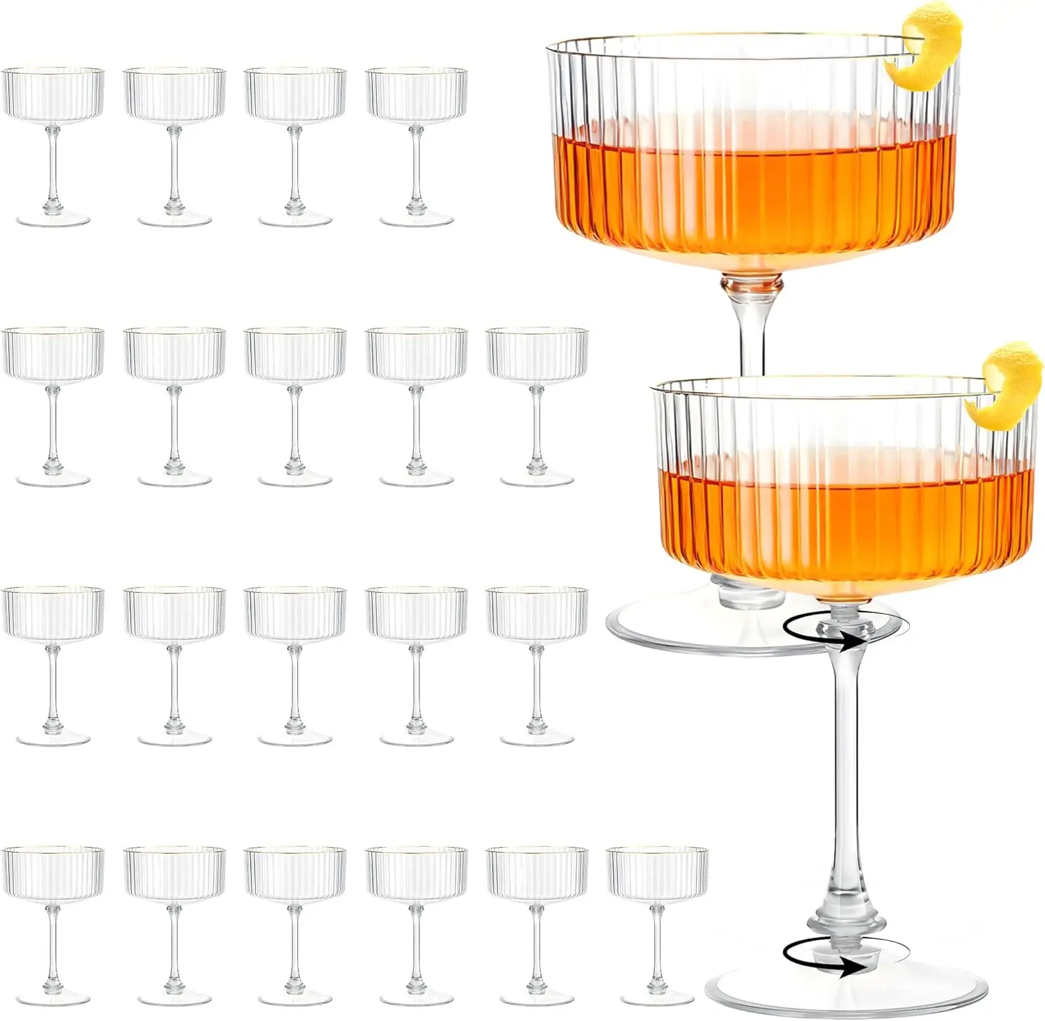 Plastic Martini Glasses 10oz, Detachable Ribbed Coupe Glasses with Gold Rim, Disposable & Reusable Unbreakable BPA-free Vintage Cocktail Cups, Champagne Coupe for Party Wedding (Clear, 24pcs)