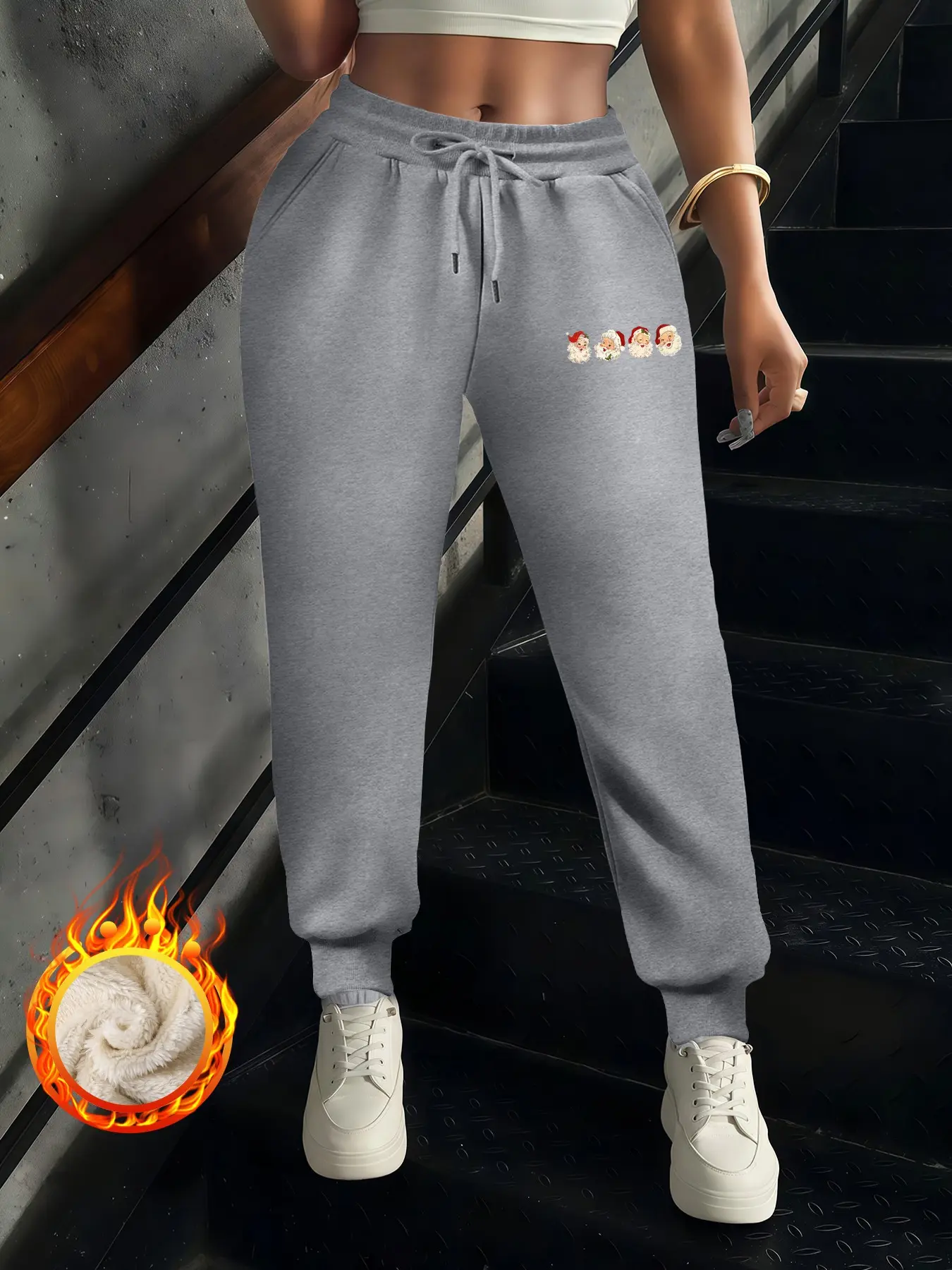 Women's Fleece Lined Thick Long Pants, Lamb Wool Inner Warmth, Christmas Santa Print, Casual Straight Leg, Fall & Winter Wear