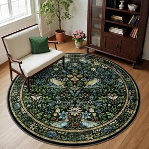 Vintage Floral Round Rugs Washable Boho Large Circle Rug for Living Room, Soft Non-Slip Botanical Nursery Circular Carpet, Navy Blue Flower Birds Throw Rug for Kids Room Bedroom