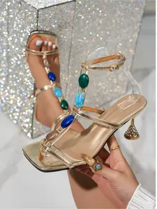 Boho Style Natural Stone Decor High Heel Sandals Square Toe Asymmetric Heel Ankle Strap Roman Shoes