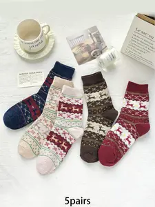 5pairs reindeer striped plush knitted socks are comfortable, warm, and thick casual socks suitable for women's daily casual home wear