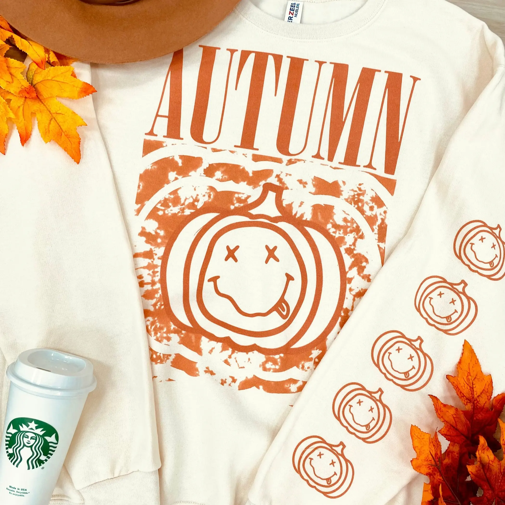 Women's Trendy Autumn 'Pumpkin Rock' Loose Round Neck Vintage Casual Hoodie - Polyester Sleeve Print Nirvana-Inspired Sweatshirt Tops