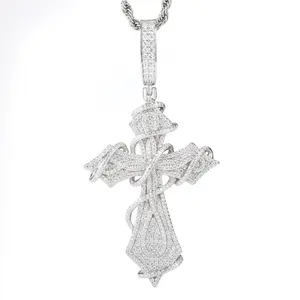 【#P682】Vine Cross Pendant UCCIYO S925 Sterling Silver Synthetic Moissanite Pendant Necklace for Women Men Hip Hop Jewelry Gift