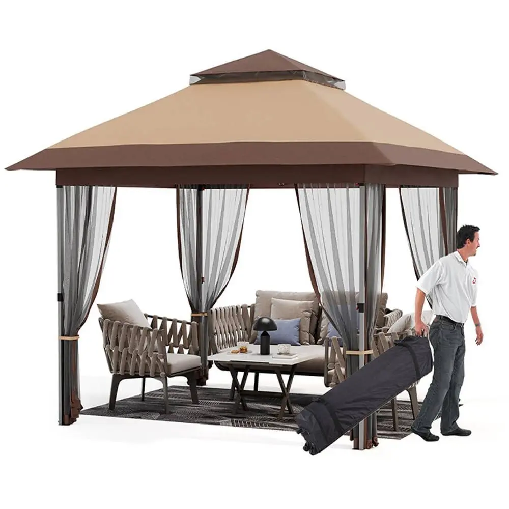 10x12 Ft Pop Up Gazebo, Outdoor Canopy Tent with Mosquito Netting, Gazebos on Clearance with Wheeled Carry Bag for Lawn, Garden, Backyard, Brown