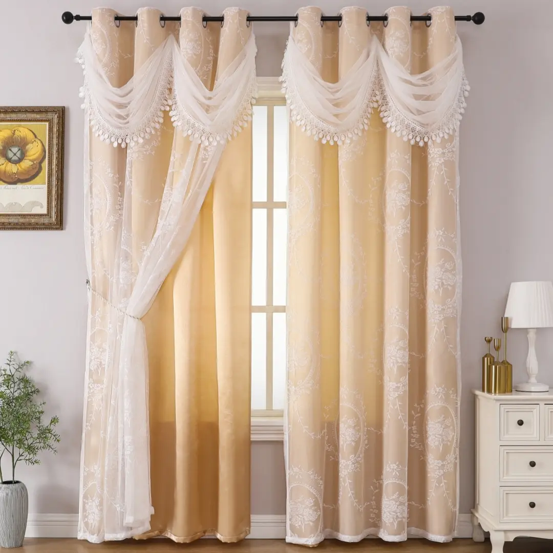 1pc Luxury double layer jacquard blackout curtains with valance, Floral window drapes, suitable for living rooms and bedrooms.