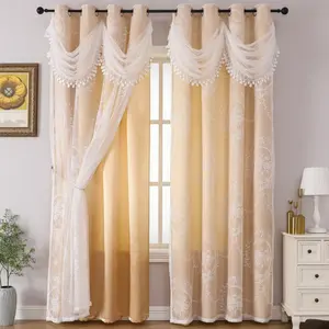 1pc Luxury double layer jacquard blackout curtains with valance, Floral curtains, suitable for living rooms and bedrooms.