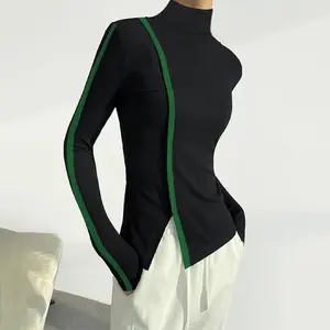 women's fashion casual tight solid color slit high collar sweater, simple and design sense, daily comfort, elastic fabric, comfortable and breathable, slim fit and figure showing