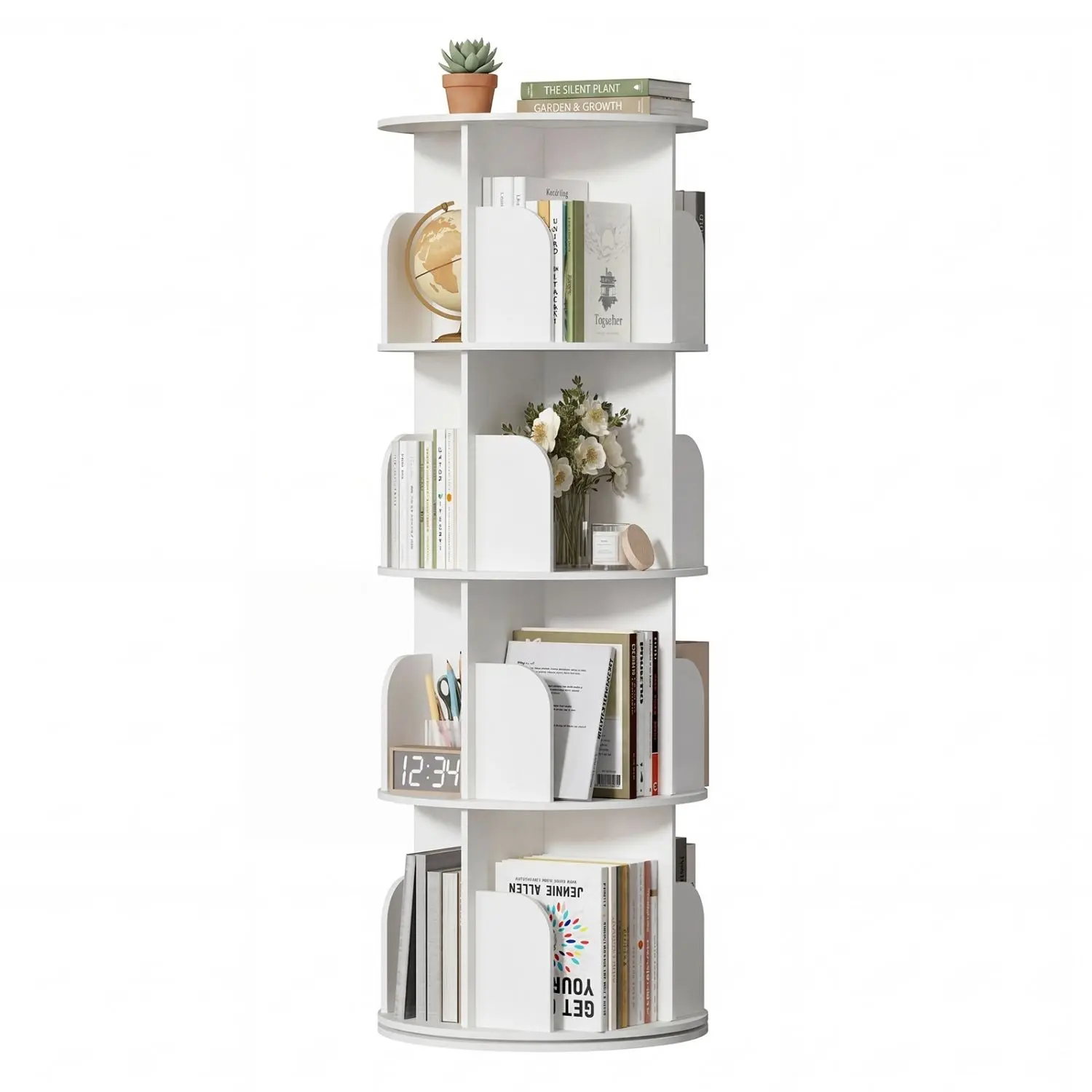 3/4-Tier Rotating Bookshelf, 360° Spinning Book Tower for Small Spaces, Freestanding Vertical Corner Shelf with Lazy Susan, White Display Bookcase for Bedroom, Living Room