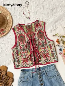 Women's Boho Embroidered V Neck Vest, Vintage Ethnic Woven Waistcoat, Fitted Front Collar Top, Fall & Winter Fashion