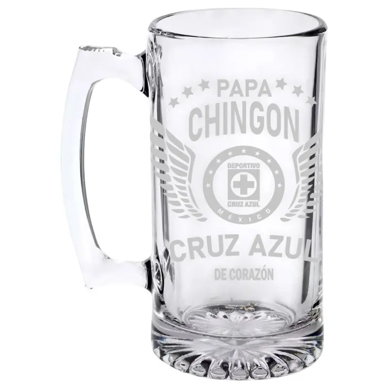 “Papa chingon” Cruz azul de Corazón 26.5 oz laser engraved Glass Beer Mug with Handle.