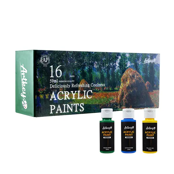 Artkey Acrylic Paint Set, 16 Colors 2 oz/59 ml Acrylic Paint Kit for Professional Artists & Beginners – Summer Bold Art & Craft Supplies for Canvas, Wood, Fabric, Rock, Leather, Ceramic, Glass