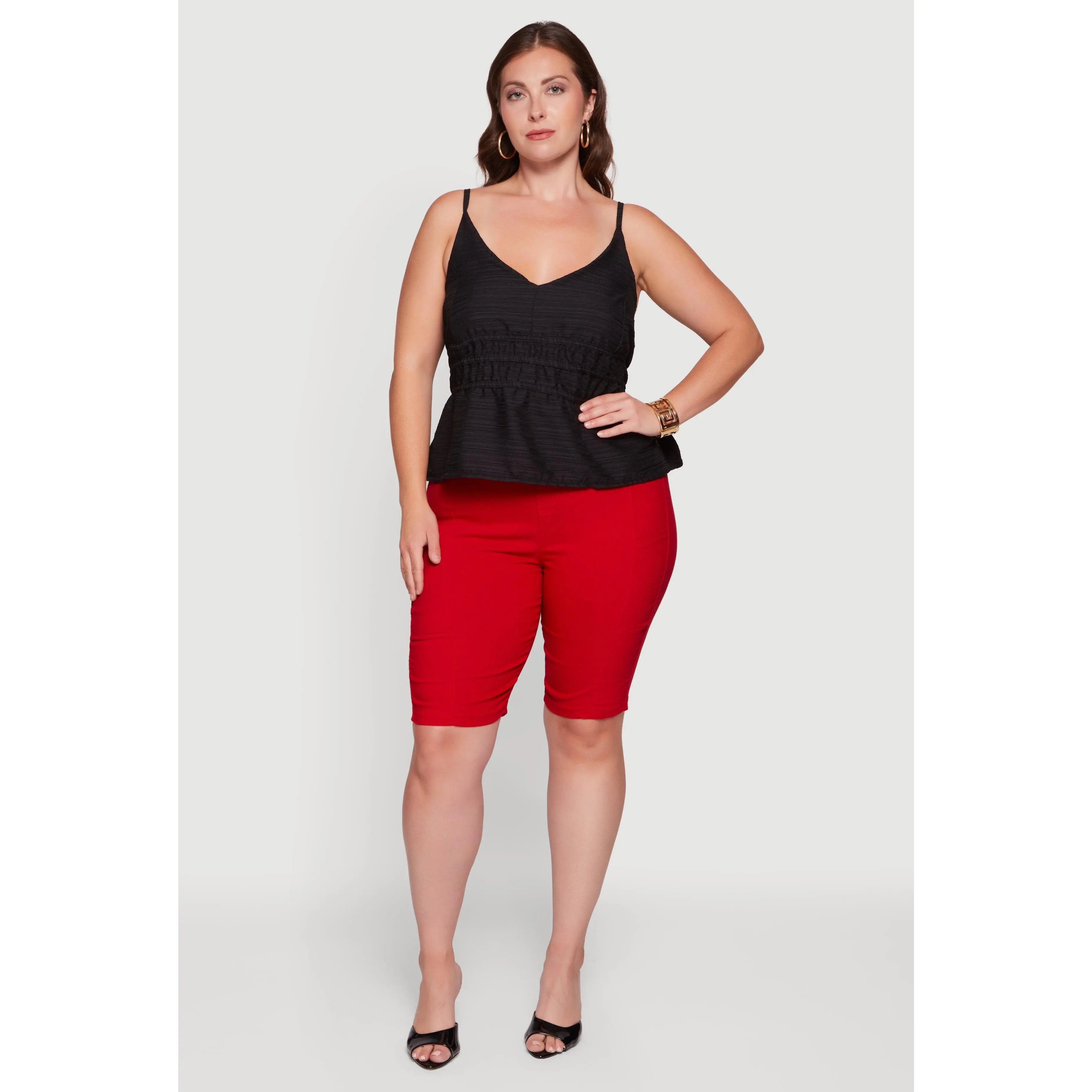 Plus Size Textured Knit V Neck Peplum Top