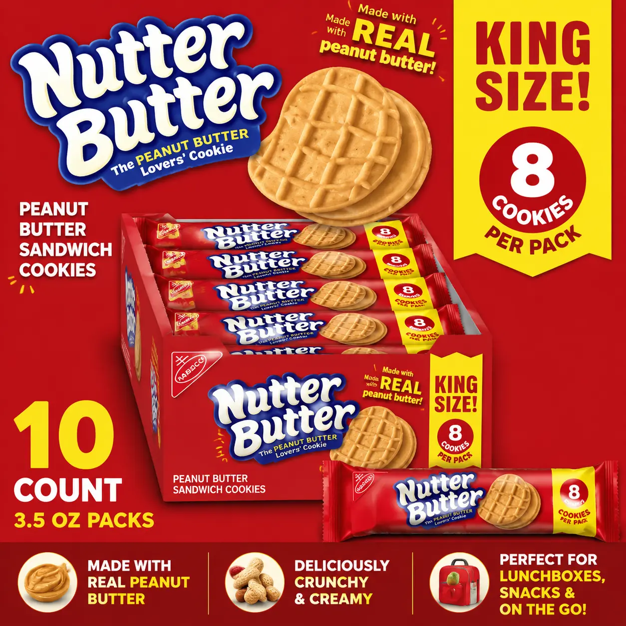 Nutter Butter Peanut Butter Sandwich Cookies King Size 3.5 oz 10 Count  Classic Peanut Butter Cookies | Individually Packaged Snack Packs