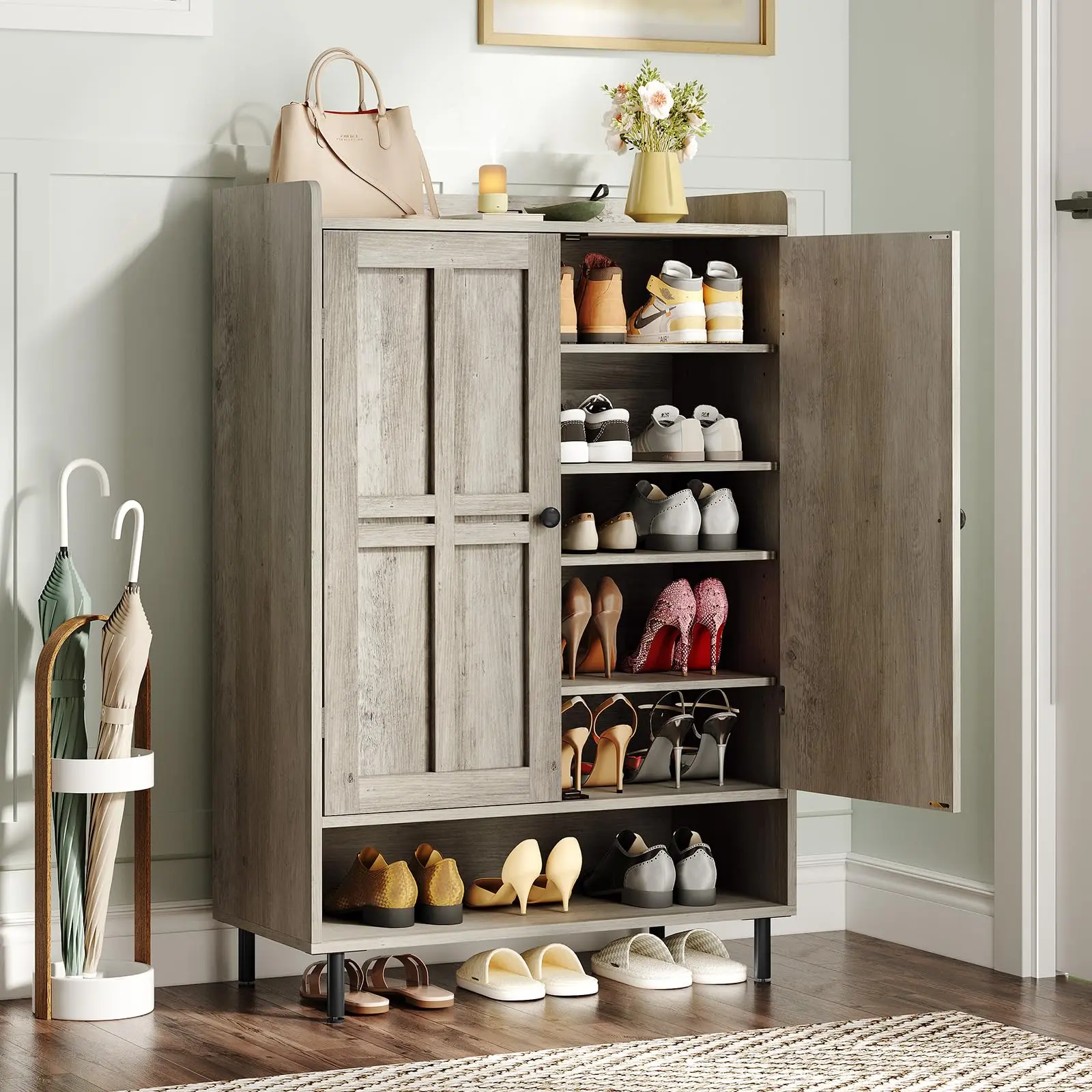 【Max 24 Pairs & Adjustable Shelves】ONBRILL Shoe Cabinet with Cross Molding Doors, 6-Tier Shoe Storage Cabinet with 3 Adjustable Shelves and Metal Legs, 45'' Tall Shoes Rack Organizer Cabinet for Entryway, Front Door