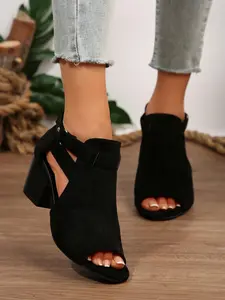 Women's Fashionable Solid Color Peep Toe Sandals, Casual Comfortable High Heel Sandals for Summer, Female All-match Shoes for Daily Wear, Girl, Ankle Wrap Sandal, Fashionable Heeled Sandals