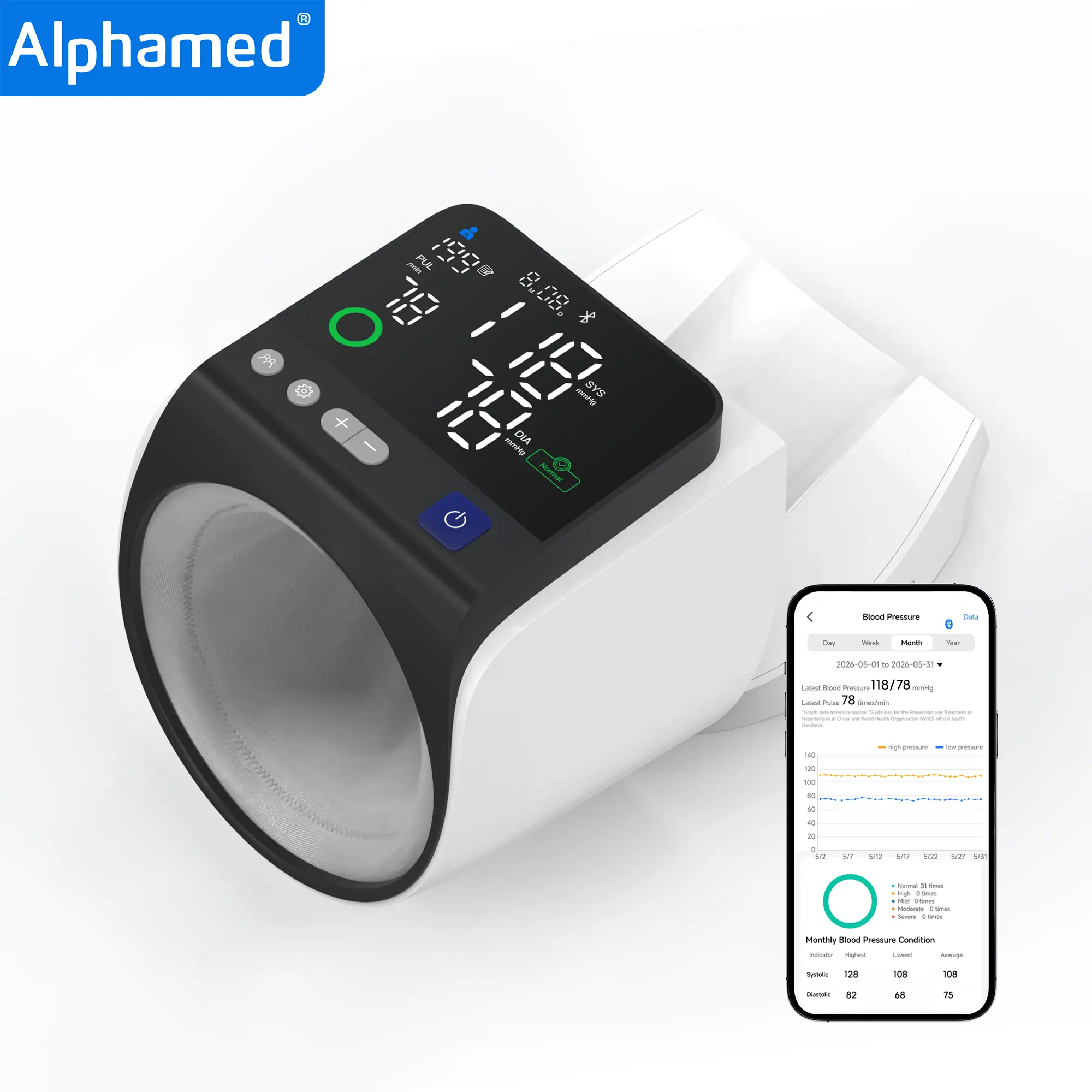 Upper Arm BP Pressure Monitor for Home Use, Smart Machine with Color Alert, Extra-Large LED Display, One touch Measure, Home Health Easy, Just Press to Start, App Tracking, 3-User Memory, Simple BP Routine