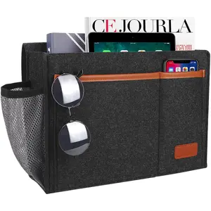 Bedside Caddy, Bed Storage Organizer for Remote Controller, Books, Magzine, Laptop Holder, 12.4'' x 8.6'' inch Bedside Hanging Felt Storage Bag for Dorm Bed with 5 Pockets, Dark Gray