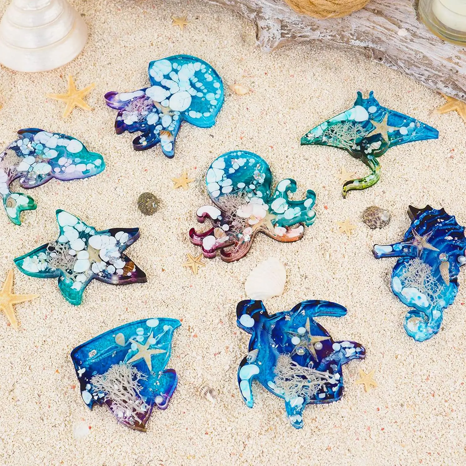 2-Pcs Flexible Silicone Oceanic Animals Molds Set - 16-Cavity Marine Theme Moulds with Adorable Octopus, Jellyfish, Dolphin, Sea Turtle, Shell - for Keychains, DIY Epoxy Resin Crafting - Home Improvement Supplies