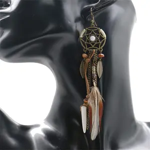 Boho Dream Catchers Dangle Earring Long Tassel Feather Wooden Beads Chain Artificial Wolf Tooth Pendants Dangling Earrings Necklaces Set Fish Hook Wolf's Fang Hanmade Jewelry