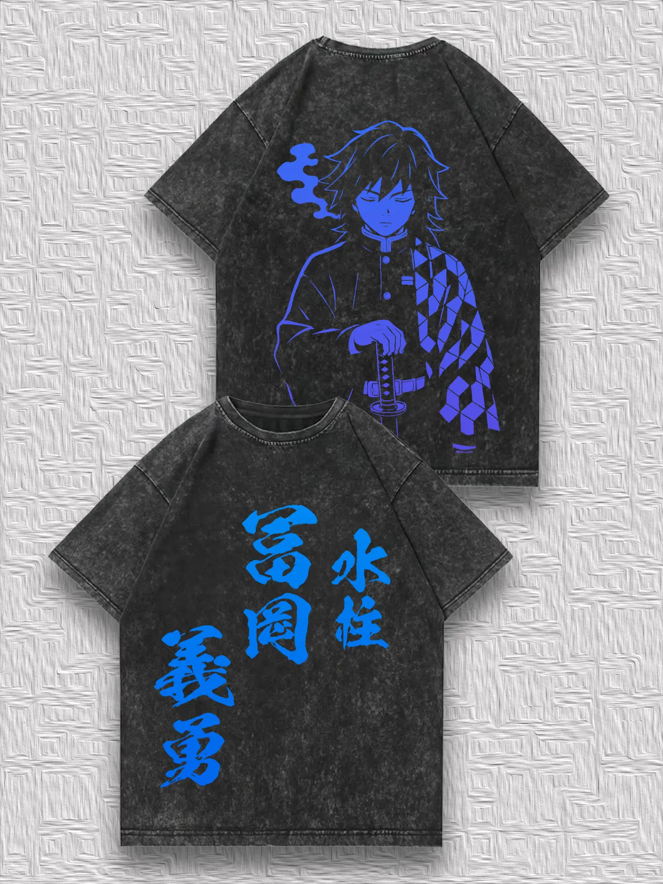 valentine shirts Demon Slayer Water Hashira Giyu Tomioka Gradient Color Print, Men's Distressed Reversible T-Shirt, Vintage Craft Dual-Sided Design, Fashionable Niche Top