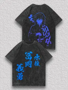 valentine shirts Demon Slayer Water Hashira Giyu Tomioka Gradient Color Print, Men's Distressed Reversible T-Shirt, Vintage Craft Dual-Sided Design, Fashionable Niche Top