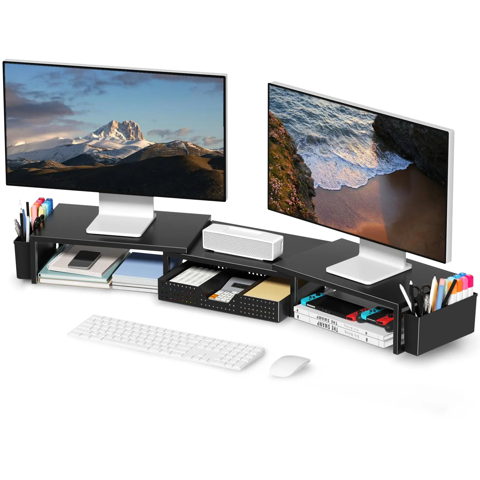 Black Metal Multi-Purpose Desk Organizer - Adjustable Height Ergonomic Dual Monitor Stand Riser, Office Accessories for Organization, Freestanding Space Saver with Drawer, 2 Pen Holders, Shelf Rack for Dorm & Office Use