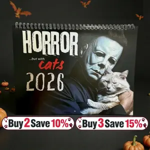 2026 Funny Horror Cat Calendar - White Elephant Gift for Movie Lovers - Spooky Gothic Wall Planner & Office Decor