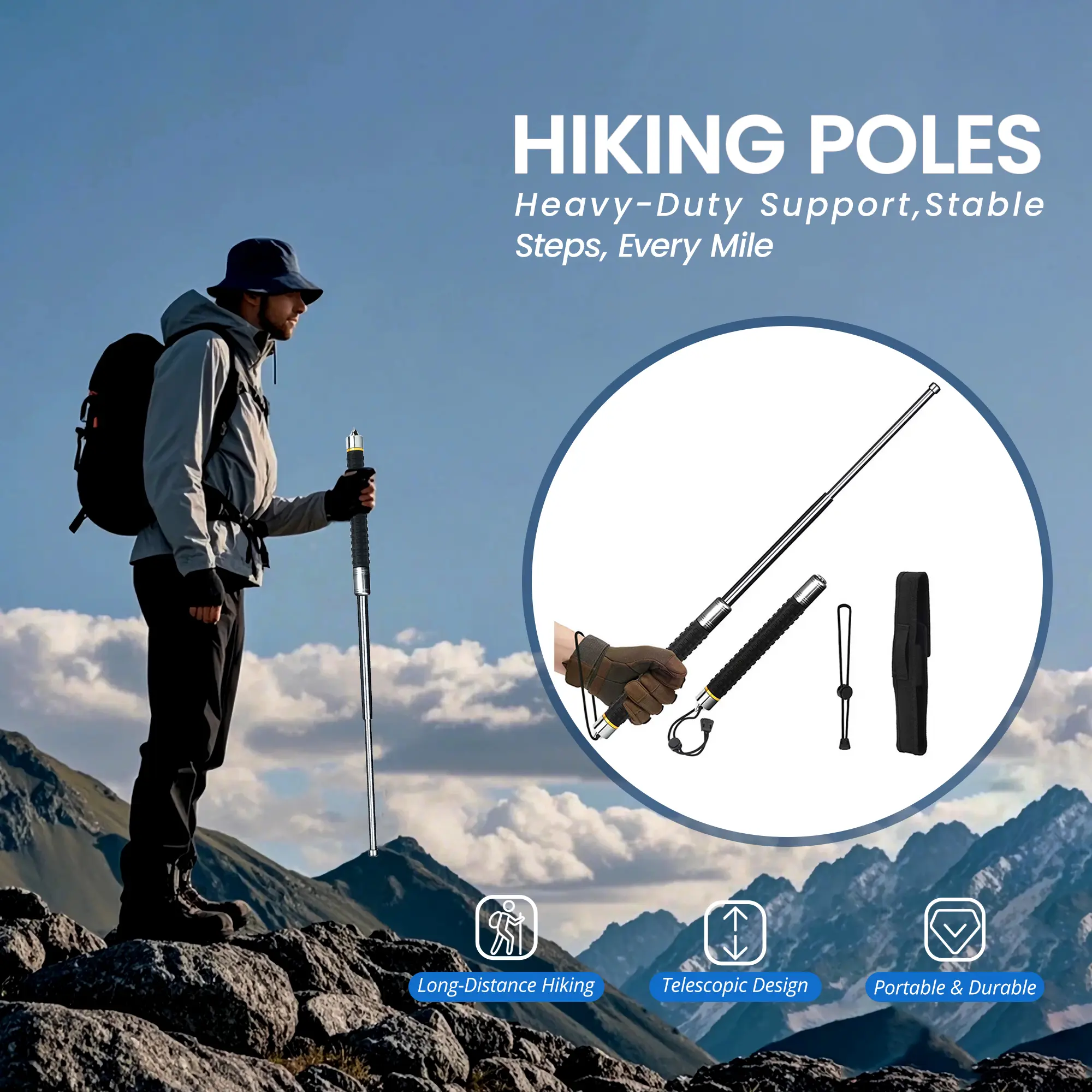 Telescopic Hiking Poles, Heavy-Duty Collapsible Trekking Poles for Long-Distance Hiking, Portable & Durable Walking Sticks for All Terrains