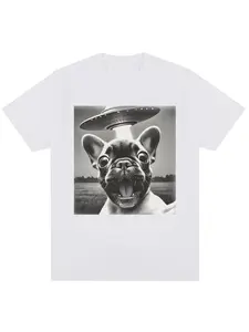French Bulldog UFO Funny Fan Pattern T-shirt Retro Fashion Men's and Women's Short sleeved Summer T-shirt Street Wear